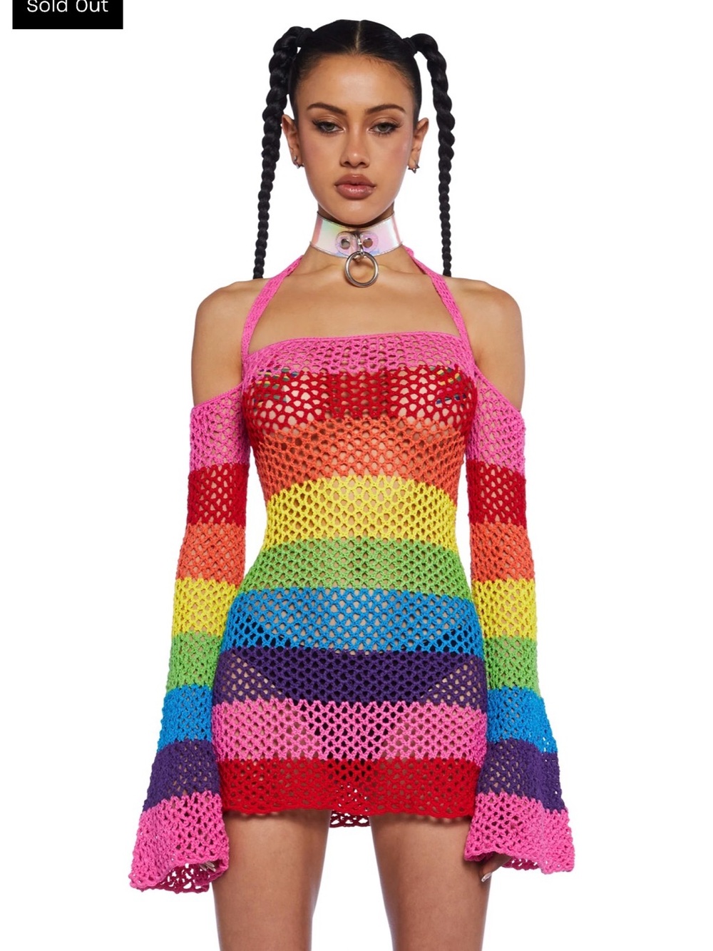 Club EXX Rainbow Crochet Bell Sleeve mini Dress